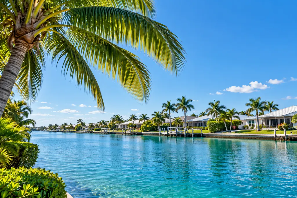 Palm trees along a turquoise Cape Coral canal