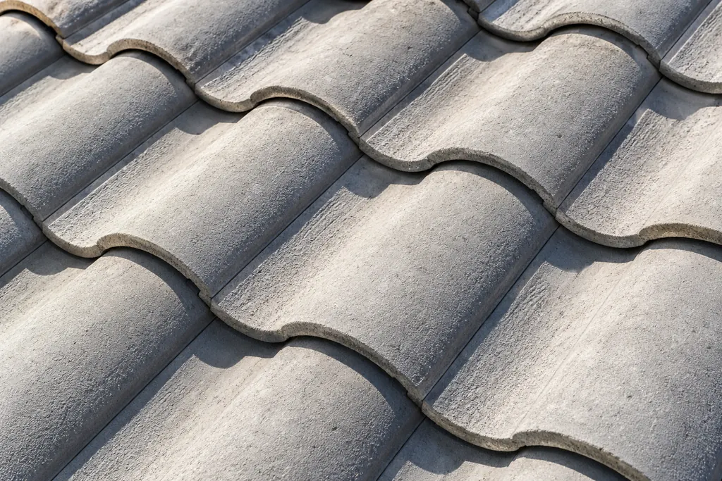 Close-up of gray concrete barrel tile roofing