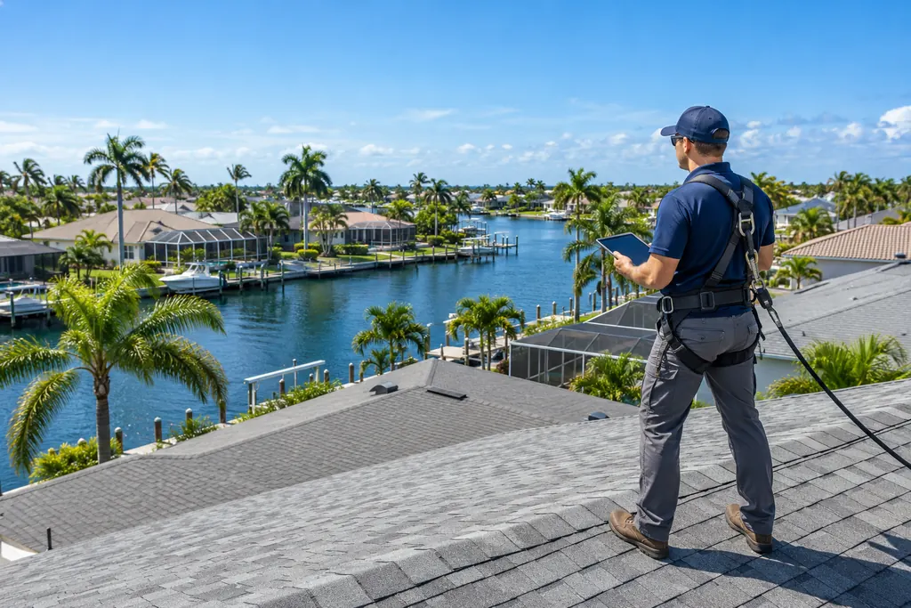 Roofer inspecting a shingle roof with a tablet above a Cape Coral canal