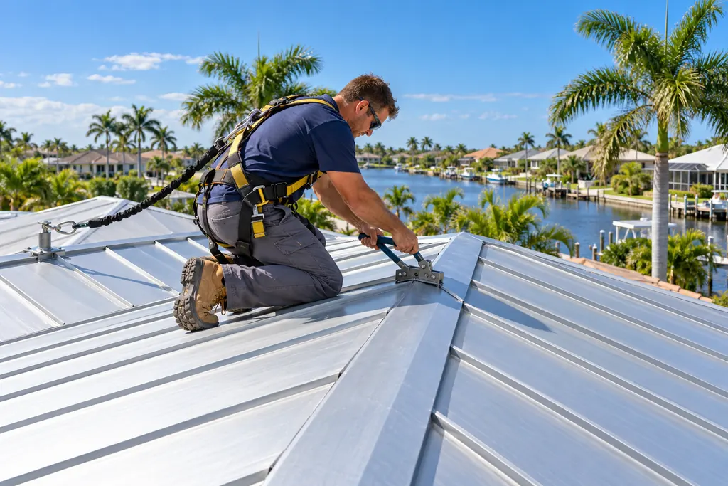 Roofer repairing a standing-seam metal roof in Cape Coral