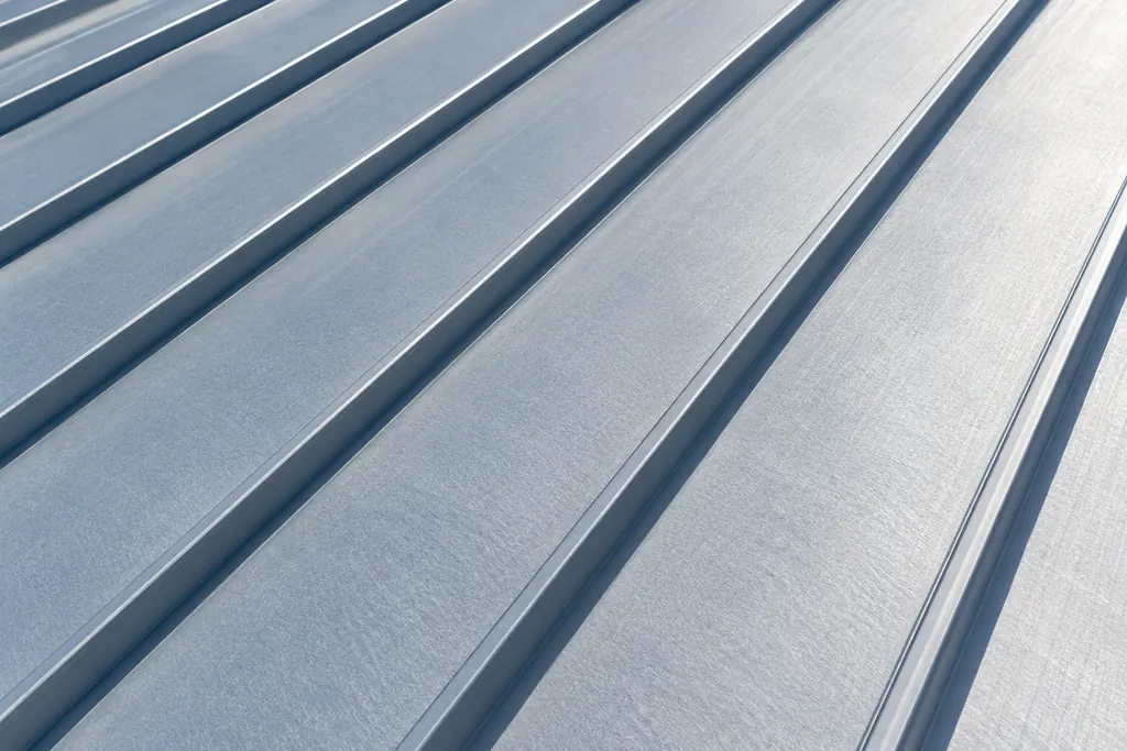 Close-up of a silver standing-seam metal roof